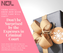 Don't be Surprised by the Expenses in Criminal Court; Learn more about new laws to help you budget for your case while still affording the holidays at our blog; www.nicolgerschlaw.com/blog; think you know what your case will cost?; present with gold bow; Expenses to Court; Expenses lessened by new laws