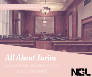 All about juries: jury selection, jury nullification, jury tampering; courtroom scene with Colorado Lawyer Team logo